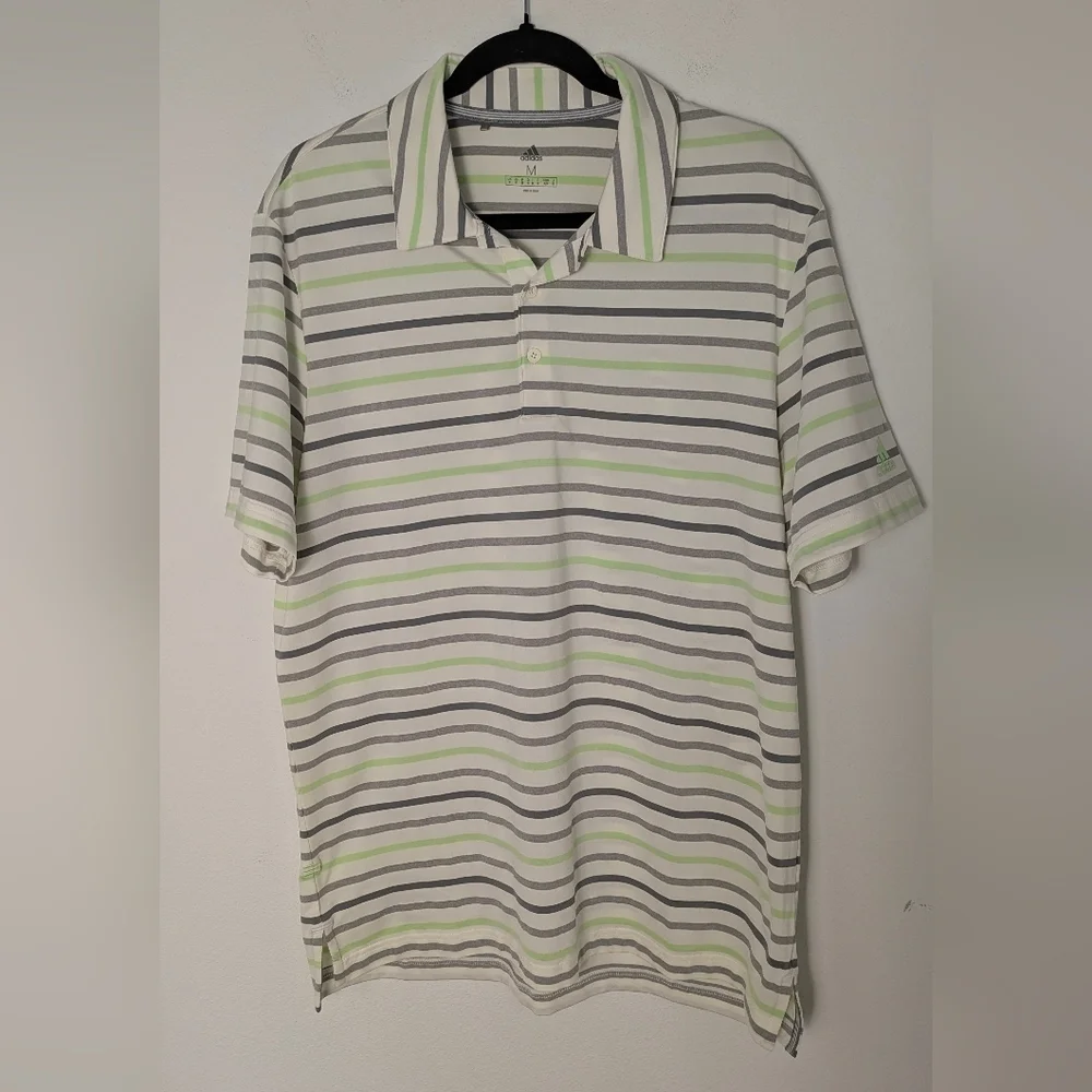Adidas Golf Polo Shirt Mens Medium Casual White Green Striped Short Sleeve EUC
